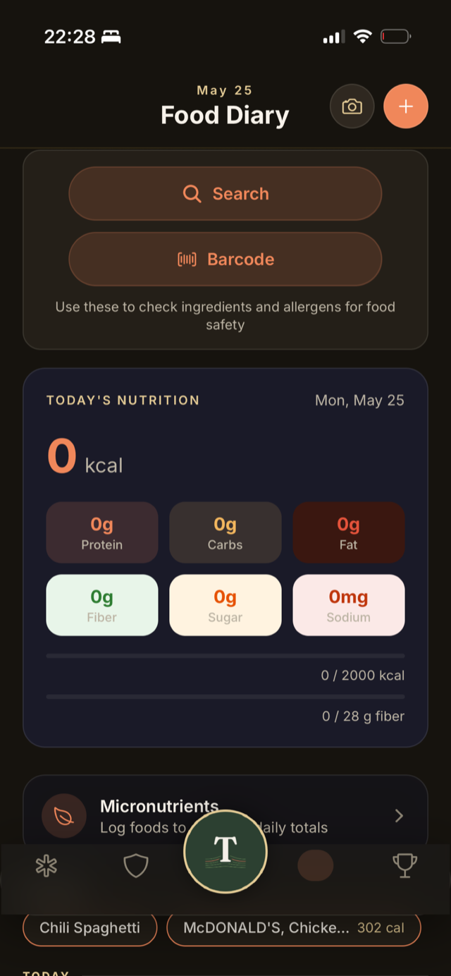 Terrain Keeper food diary with nutrition totals and allergen-aware search