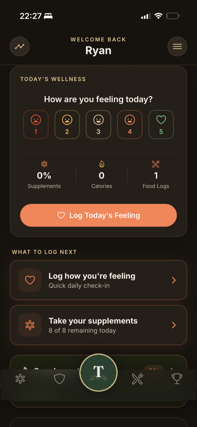 Terrain Keeper home screen with daily wellness check-in