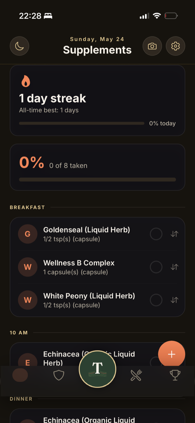 Terrain Keeper supplement tracker with daily schedule and streaks